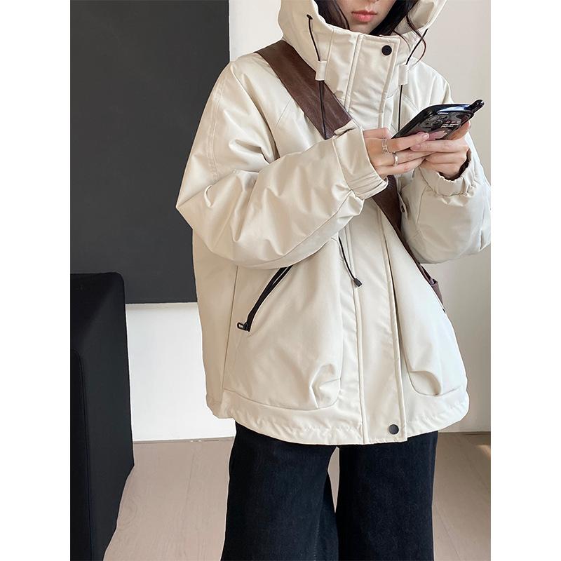 ダウンジャケット レディース 韓国風 フード付き 厚手 防寒 ゆったり 防風 カジュアル デイリーユース ポリエステル ジップアップ パーカーコート 秋冬