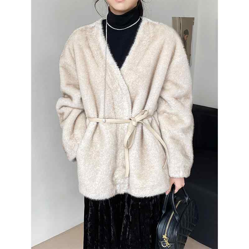 コート レディース エコファー フェイクミンクファー ウエストマーク Vネック ミドル丈 ムートン風 高級感 防寒 秋冬 大人韓国風 ベージュ
