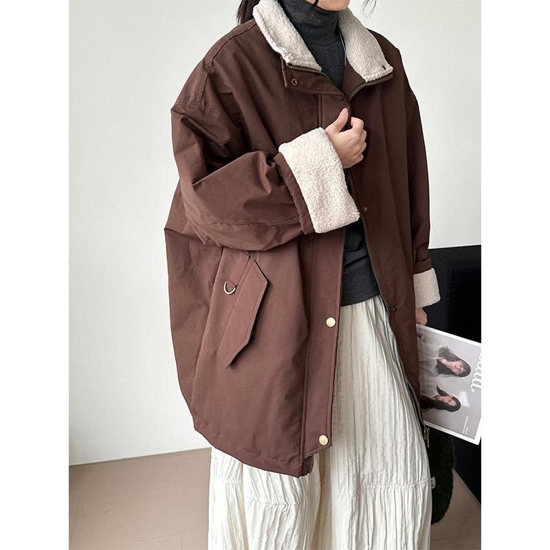 レディース 中綿コート 韓国風 ゆったり オーバーサイズ ボア襟 ワークジャケット 防寒 厚手 冬 アウター ミドル丈 カジュアル 綿混 あったかジャケット