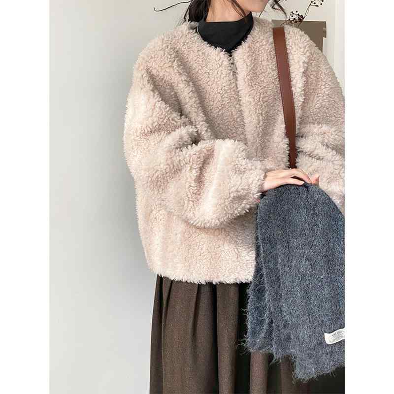 アウター レディース 韓国風 ゆったり オーバーサイズ クルーネック ボア フェイクムートン 羊毛混 あったか 保温 ジップアップ カジュアル 冬 コート 女性...