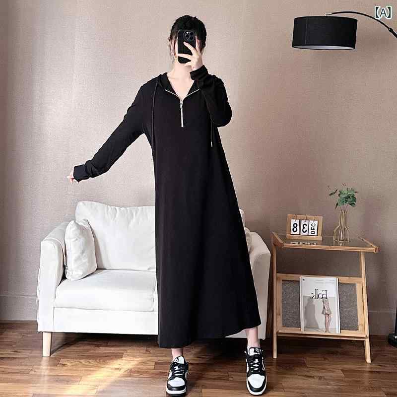 レディース ファッション カジュアル シンプル おしゃれ 綿 ワンピース 春夏 秋 薄手 涼しい 涼しい アウター フード ストレート スカート ゆったり スリム ジッパー ロング スカート(4)