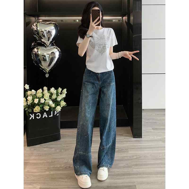 セットアップ レディース 細見え効果 ゆったり 半袖 トップス ワイドレッグ デニムパンツ 2点セット コットン ストレッチ 春夏 カジュアルスタイル お出かけ デイリーユース ホワイト ブルー(4)