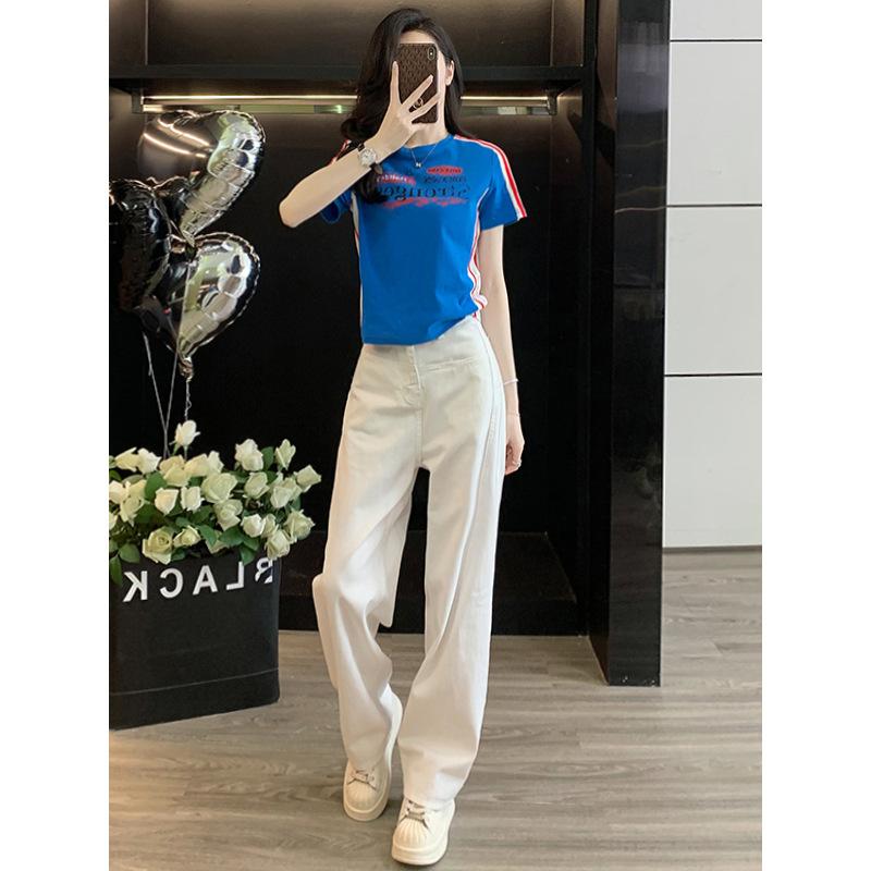 セットアップ レディース 低身長 小柄向け 春夏 綿 コットン 半袖 Tシャツ ブルー トップス ワイドパンツ デニム ジーンズ ホワイト 白 きれいめ カジュアル 普段使い 2点セット