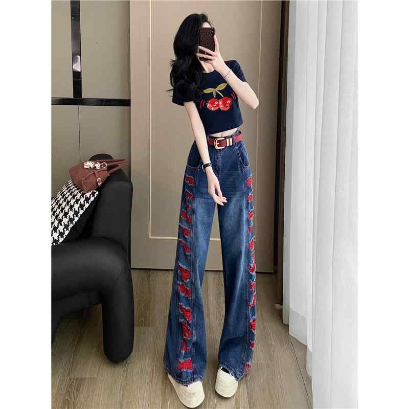 セットアップ レディース 春夏 クール スパイシー ストリート系 ハイストリート バイカラー ダメージ加工 デニムパンツ コットン スパンデックス混 カジュアル スポーツミックス ツーピース