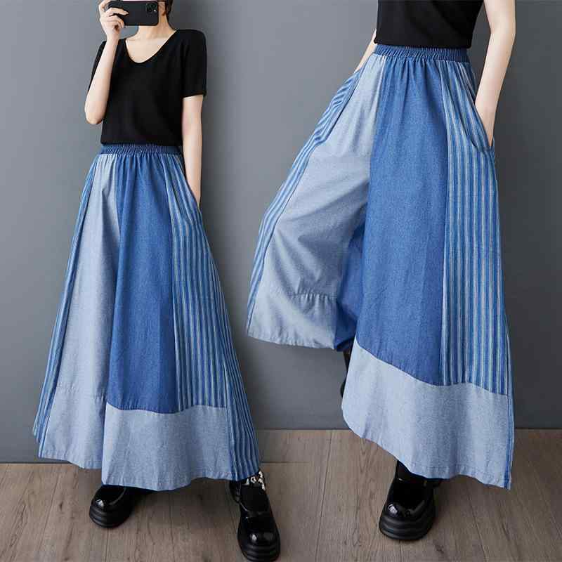 デニムパンツ レディース 春夏 薄手 配色切り替え ストライプ ワイドパンツ ゆったり カジュアル 七分丈 ハイウエスト 伸縮性 ボトムス 普段使い 青 ブルー