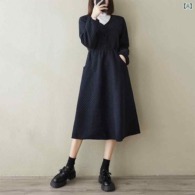 おうち健康生活のワンピース レディース 秋冬 Vネック 長袖 ランタンスリーブ ミディ丈 ウエストゴム Aライン 中綿 レトロ クラシカル 麻 リネン ゆったり｜アングル2