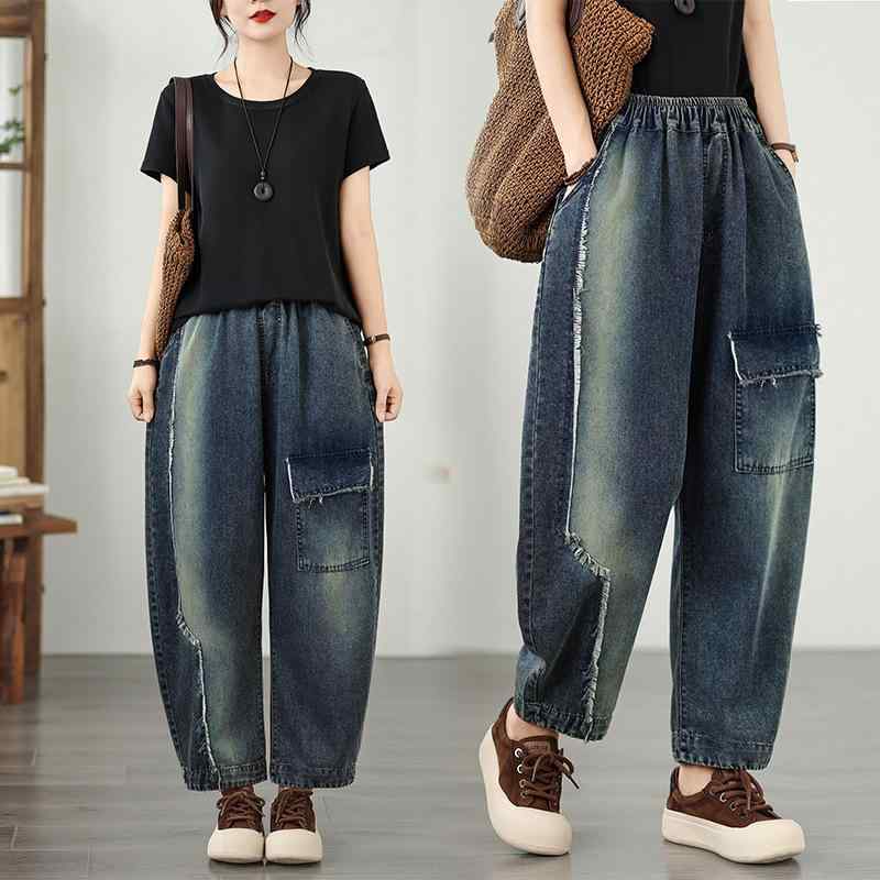 デニムパンツ プラスサイズ 女性用 ウエストゴム サルエルパンツ ゆったり イージーパンツ 多ポケット カットオフ ウォッシュ加工 ダメージ加工 綿 ダークブルー 秋冬 大人カジュアル