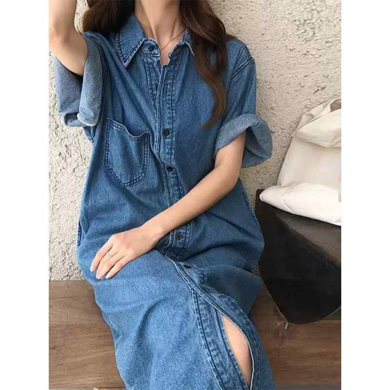 ワンピース レディース デニム シャツワンピース 半袖 ポロ襟 無地 ゆったり 大きいサイズ ビッグシルエット ロング丈 高身長 体型カバー ポケット付き 韓国風 通勤 夏