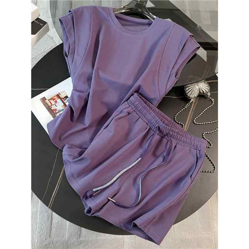 セットアップ レディース 夏 スポーツカジュアル 普段使い ウエストマーク 細見え 立体デザイン パフスリーブ トップス ショートパンツ パープル 綿 スパンデックス 2点セット