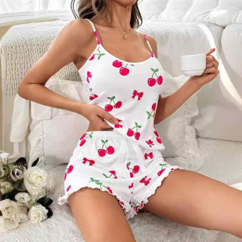 ルームウェア レディース セクシー 欧米風 Vネック キャミソール ショートパンツ パジャマ 2点セット チェリー柄 ポリエステル 伸縮性 快適 部屋着 普段使い