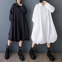 ワンピース レディース 春夏 綿麻 シンプル 無地 ミモレ丈 シャツワンピース ゆったり 着回し 長袖 ポロ襟 ジップ バルーンスカート カジュアル