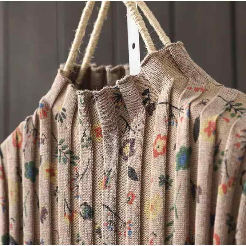 ニットワンピース レディース レトロ ボタニカル 花柄 プリント モックネック ロング丈 ゆったり 大きいサイズ 綿混 プルオーバー 春秋 通勤 オフィス 普段使い カジュアル