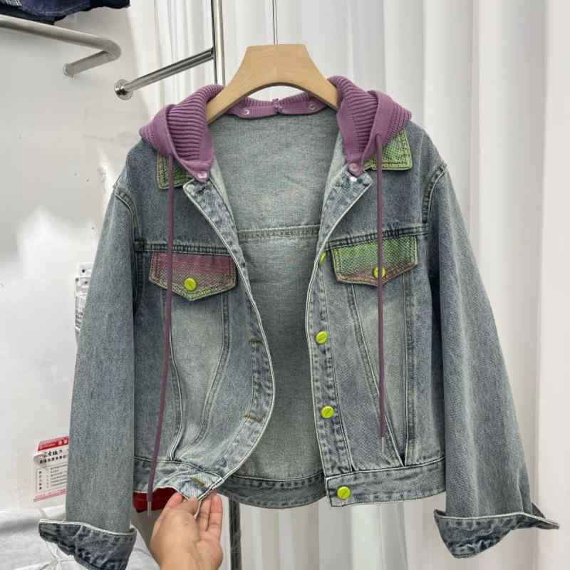 ジャケット レディース 配色ニット デニム フード付き 秋 ゆったり オーバーサイズ スタイルアップ 通勤 カジュアル ライトアウター