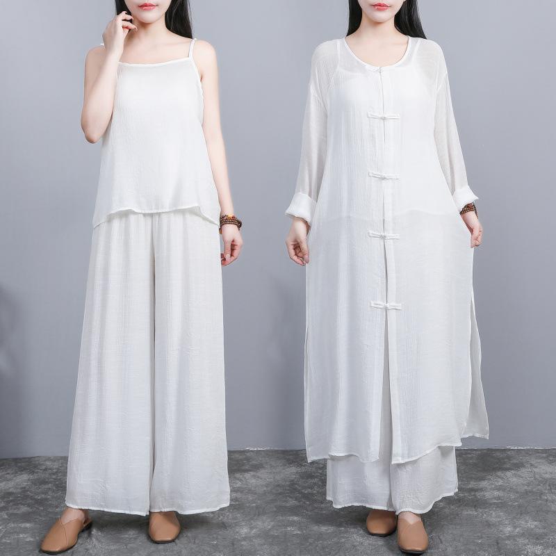 セットアップ レディース プラスサイズ 綿麻 レトロ エスニック 長袖 ラウンドネック ワンピース ロング丈 フレア アシンメトリー ワイドパンツ 通勤 きれいめ 上品 春夏