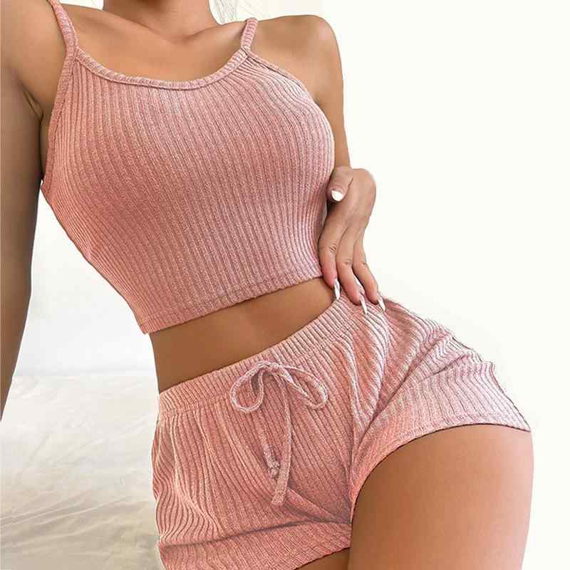 ルームウェア レディース セットアップ キャミソール ショートパンツ リブ編み コットン風 ポリエステ..