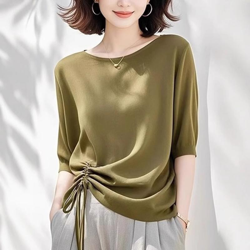 Tシャツ レディース 半袖 ゆったり ルーズフィット スタイルアップ 若見え カジュアル 無地 ウエストリボン ラウンドネック ポリエステル トップス 夏