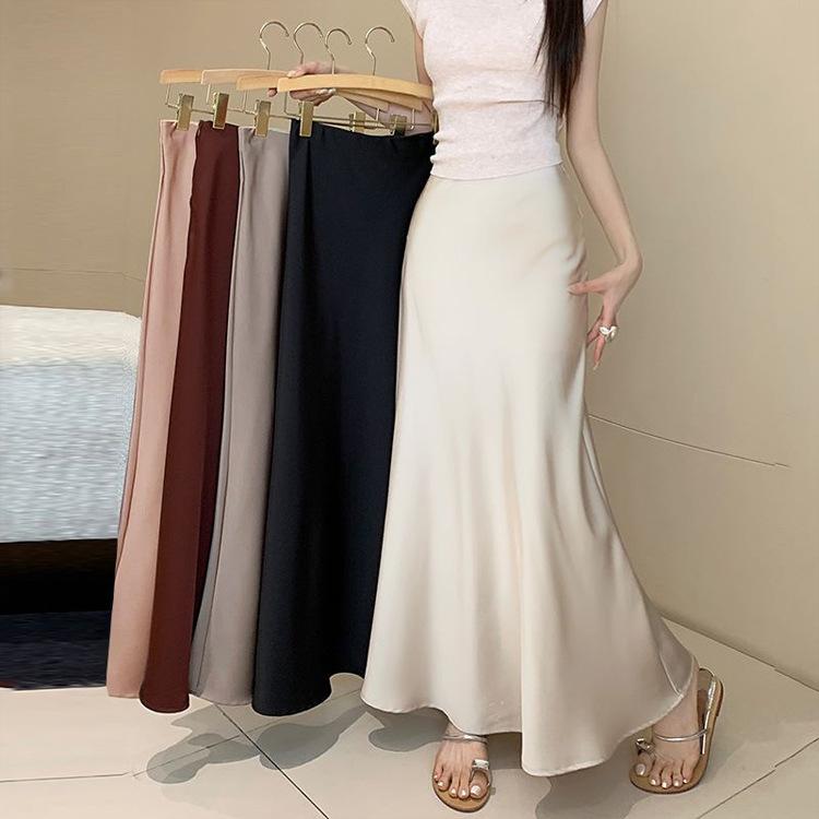 スカ-ト レディース フレンチレトロ 上品 エレガント サテン 光沢感 ハイウエスト ドレープ感 マーメイドスカート ミモレ丈 ロング丈 春夏 普段使い オフィス 通勤 きれいめ