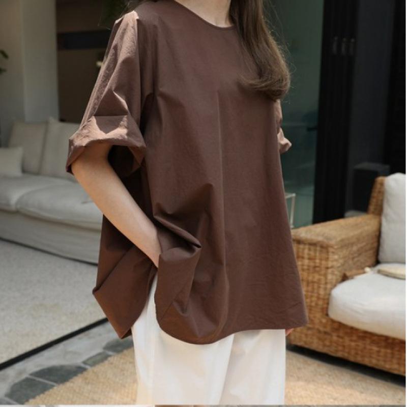 Tシャツ レディース 春夏 綿 コットン ゆったり ビッグシルエット オーバーサイズ 半袖 丸首 無地 トップス 大きいサイズ 体型カバー カジュアル 普段使い ブラック アプリコット ネイビー コーヒー