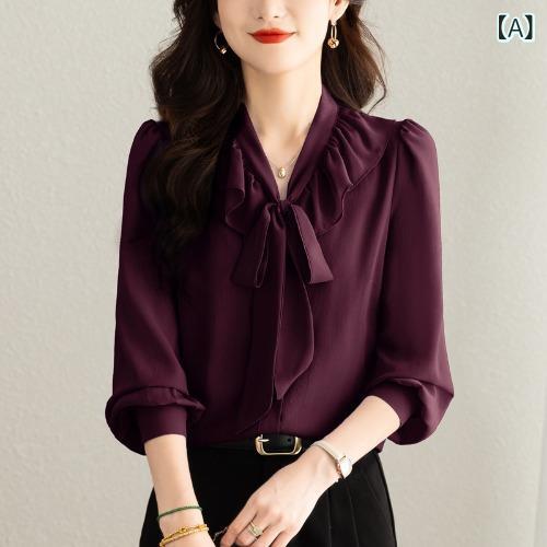 ブラウス レディース フレンチスタイル シフォン ボウタイ フリル ゆったり 体型カバー 長袖 春夏 きれいめ オフィス カジュアル おしゃれ 赤 ピンク パープル 白