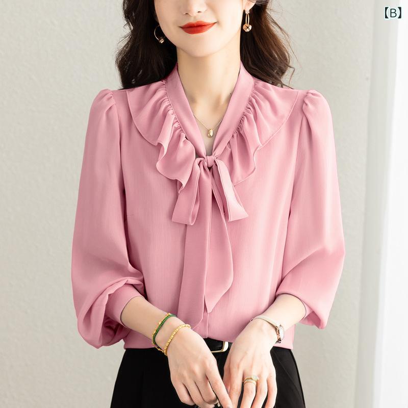 ブラウス レディース フレンチスタイル シフォン ボウタイ フリル ゆったり 体型カバー 長袖 春夏 きれいめ オフィス カジュアル おしゃれ 赤 ピンク パープル 白
