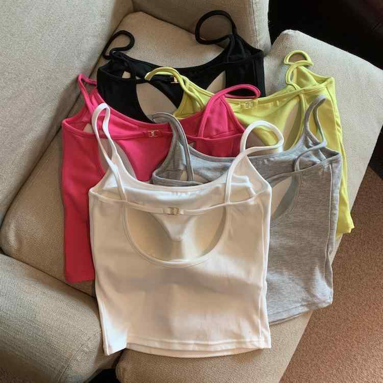 キャミソール レディース カップ付き バックオープン ショート丈 綿混紡 純欲風 タイト スリムフィット サマー ビーチ リゾート カジュアル トップス 無地 ブラック ホワイト ピンク グレー イエロー