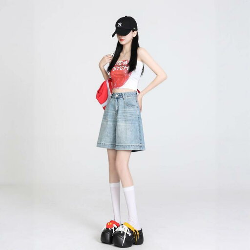 ハーフパンツ レディース ハイウエスト デニム 五分丈 薄手 綿素材 ルーズフィット ワイドストレート カジュアル ポケット付き 春夏 ライトブルー 普段使い ハーフパンツ レディース ハイウエスト デニム 五分丈 薄手 綿素材 ルーズフィット ワイドストレート カジュアル ポケット付き 春夏 ライトブルー 普段使い