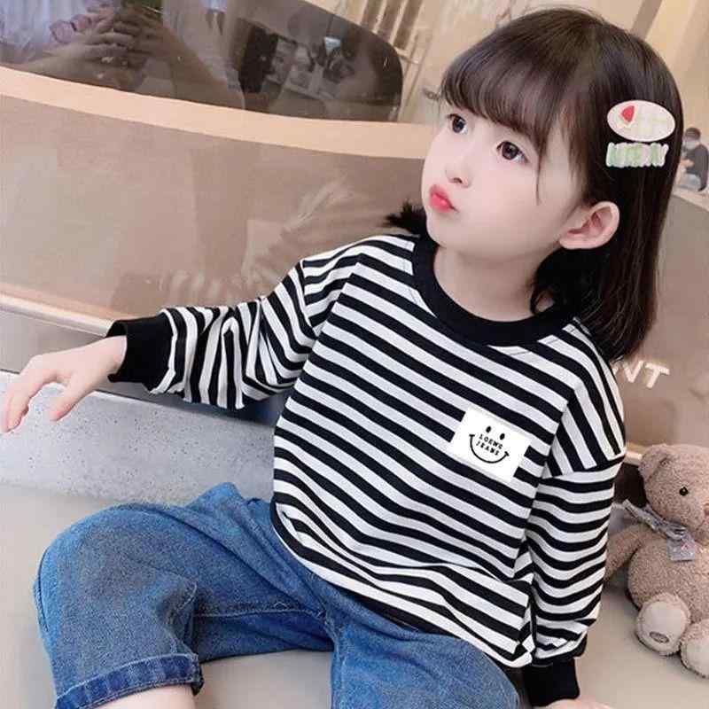 スウェット 女の子 キッズ ガールズ トレーナー 長袖 Tシャツ インナー 春秋 カジュアル 綿 ポリエステル 保温 ボーダー ブラック ゆったり 普段使い 通学