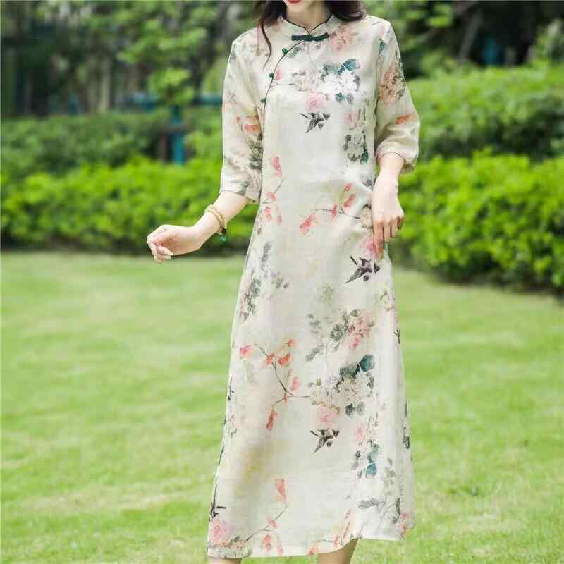 チャイナドレス レディース 中国風 レトロ スタンドカラー 斜め襟 飾りボタン 二重仕立て 着痩せ 改良ワンピース 綿麻 半袖 Aライン 春夏(4)