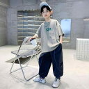 セットアップ 男の子 ジュニア 春夏 半袖Tシャツ 長ズボン 上下セット コットンブレンド カジュアル 薄手 ロゴプリント おしゃれ 快適 普段使い ルームウェア