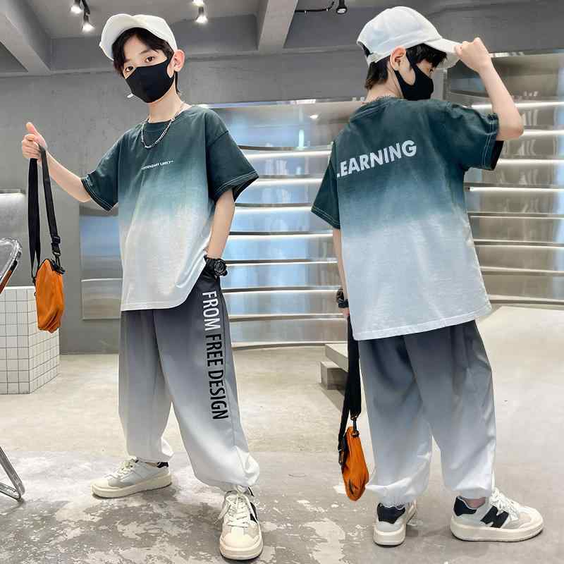 セットアップ 男の子 キッズ ボーイズ 春夏 スポーツウェア 韓国 グラデーション 半袖 Tシャツ ロングパンツ 上下セット ジュニア 子供服 おしゃれ 薄手 グレー カジュアル