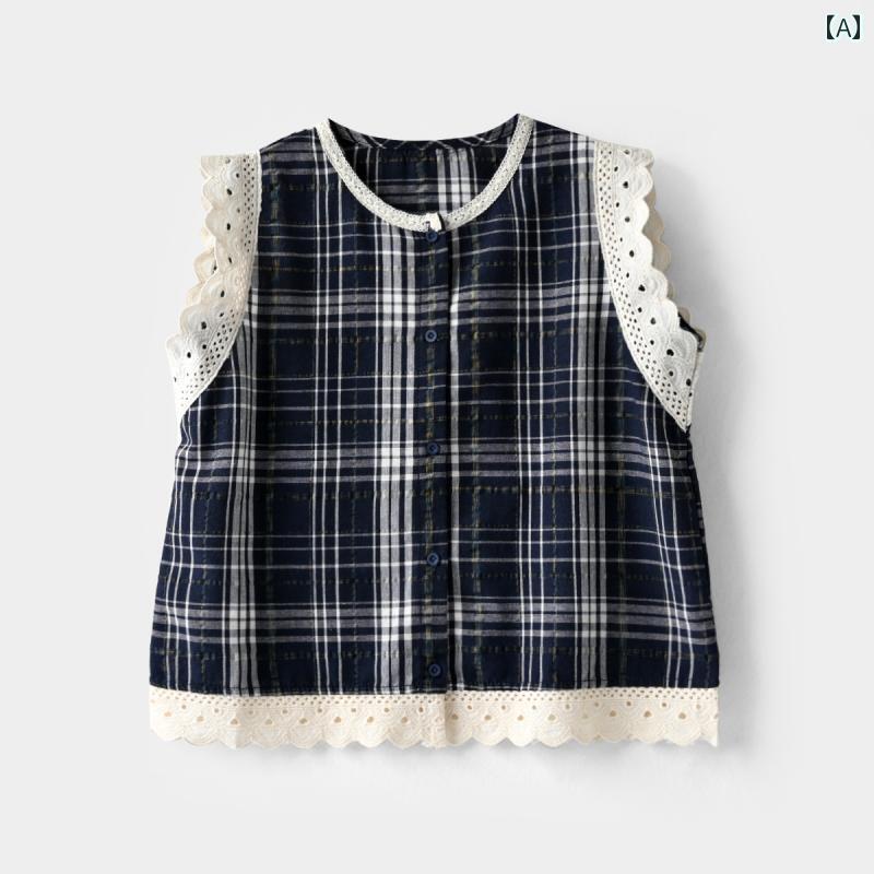キッズ ファッション 女の子 カジュアル かわいい 柔らか 薄手 涼しい 涼しい チェック ベスト ガーゼ ..