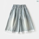 子供服 パンツ キッズ ズボン おしゃれ カジュアル ウォッシュ 加工 ソフトデニム レース 軽量 涼しい 涼しい ブルー ジーンズ 女の子 ワイドレッグ クロップド 夏 服