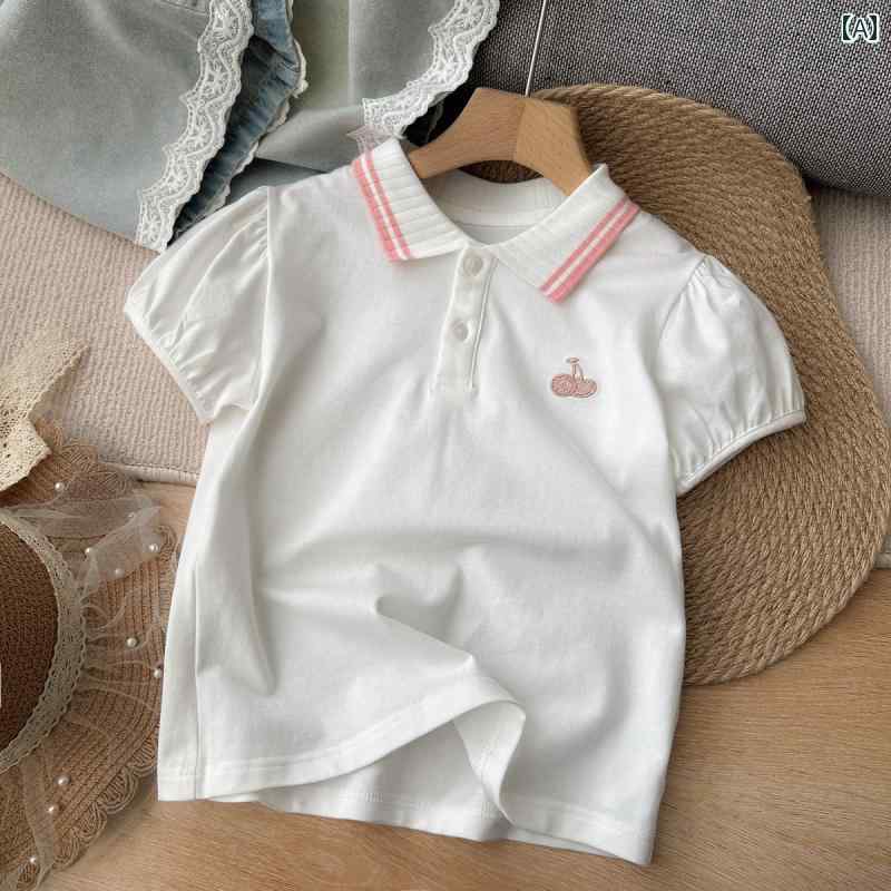 キッズ ファッション 女の子 カジュアル かわいい 綿 ポロシャツ バブル スリーブ コットン Tシャツ 半..