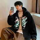 パーカー メンズ フード付き ジップアップ ゆったり ビッグシルエット ドロップショルダー キャラクター柄 プリント 英字ロゴ カップル ペア 綿 コットン ポリエステル混 春秋 カジュアル ストリート系