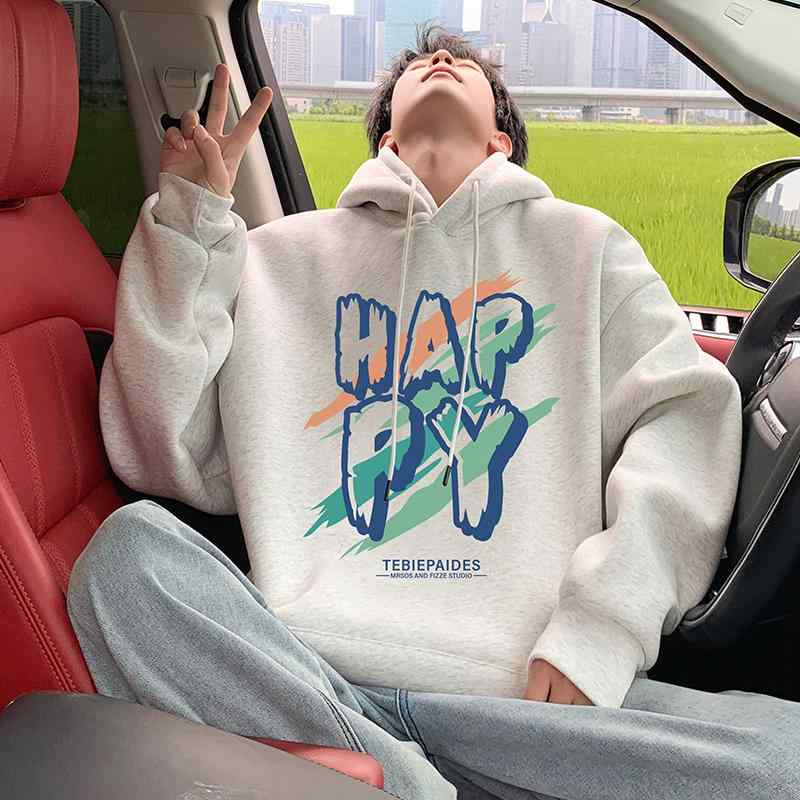 パーカー メンズ 落書き風 アルファベット プリント ゆったり オーバーサイズ ドロップショルダー 長袖 綿 ストリート カジュアル 普段使い 秋冬(4)