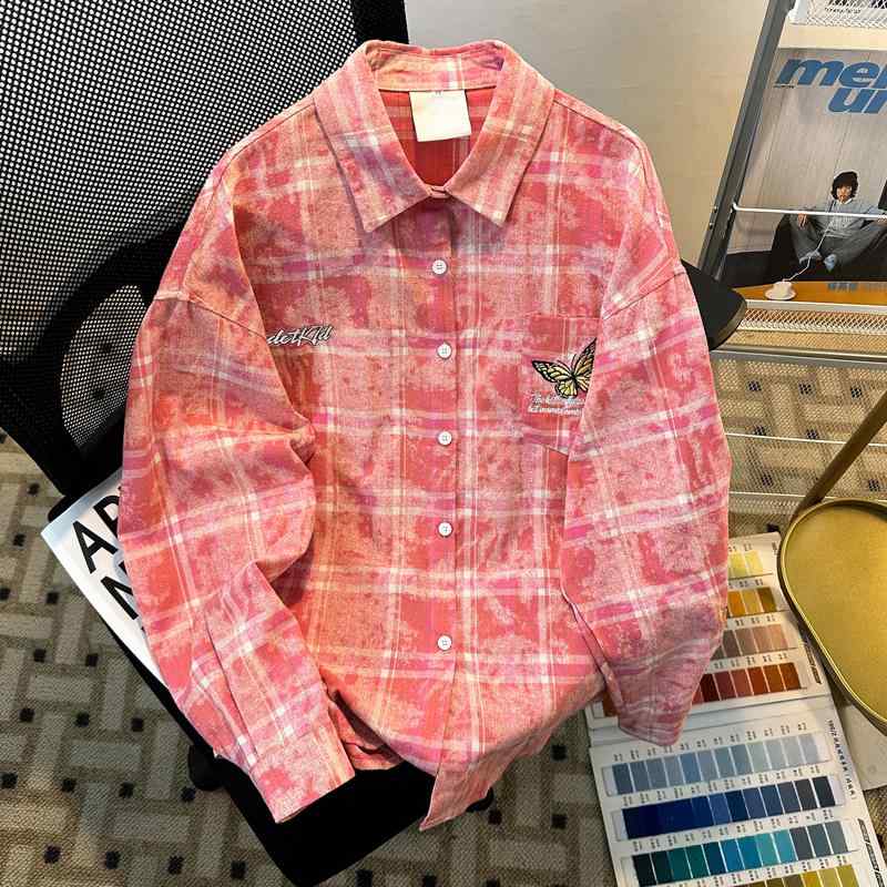 シャツ メンズ ユニセックス タイダイ 刺繍 チェック柄 長袖 アメリカンスタイル ヴィンテージ トレンド ストリート オーバーサイズ 春秋