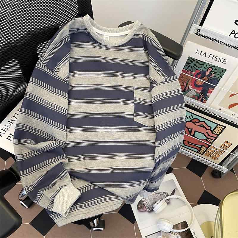 Tシャツ メンズ 春秋 オーバーサイズ ゆったり ドロップショルダー 配 切り替え ストライプ ボーダー 綿 コットン クルーネック レトロ ヴィンテージ アメカジ カジュアル ロンT