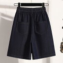 ショートパンツ レディース 大きいサイズ デニム ハイウエスト ウエストゴム Aライン 5分丈 ゆったり ルーズ 細見え 薄手 夏 普段使い ストレッチ ダークブルー