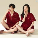 カップル ペア ルームウェア お揃い メンズ レディース パジャマ リラックス ストレッチ コットン 赤 ウェディング 夏婚 半袖 カーディガン