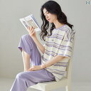 ルームウェア レディース リラックス パジャマ プレゼント 夏 コットン 半袖 クロップドパンツ 夏 コットン ゆったり ストライプ セット