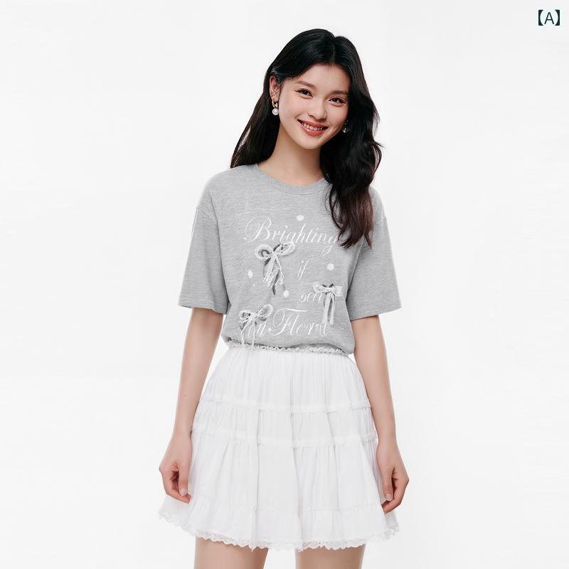 トップス レディース 夏 おしゃれ 上皮 エレガント 婦人服 シンプル 年 リボン レース Tシャツ