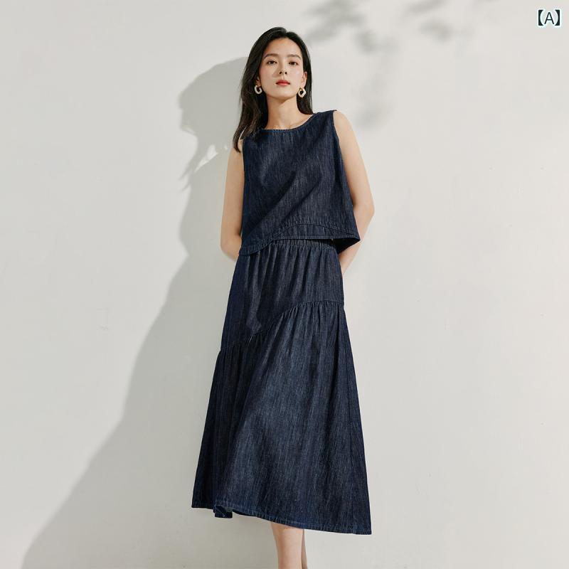 トップス レディース 夏 おしゃれ 上皮 エレガント 婦人服 フランス カラーデニム 年 ラウンドネック ノースリーブ 綿