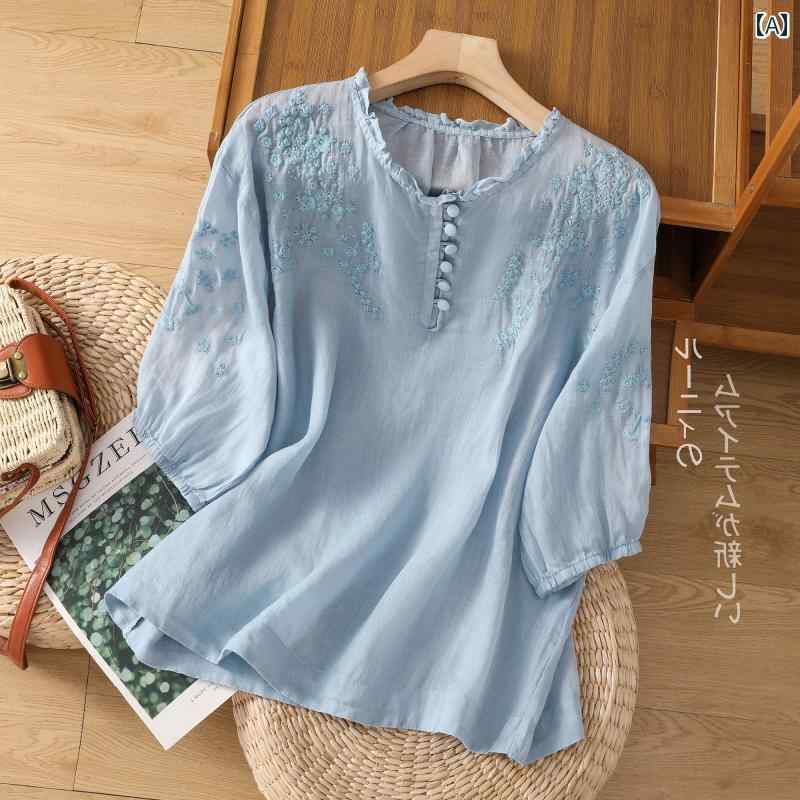 セットアップ レディース カジュアル 上品 おしゃれ ファッション 年 夏 マザー 洋風 七分袖 Tシャツ シャツ 刺繍 コットンリネン ワイドレッグ