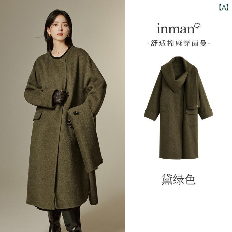 アウター レディース カジュアル おしゃれ 普段使い キャメル ウール 両面 ウール コート 冬 取り外し 可能 スカーフ ロング コート(4)