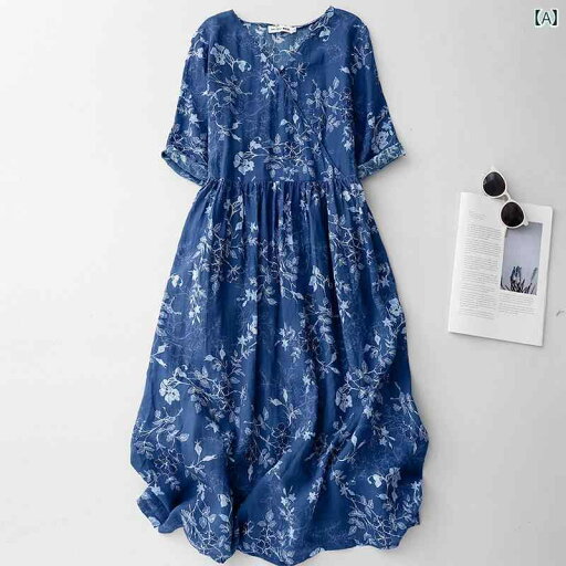 ワンピース レディース ゆったり 花柄 コットンリネン 半袖 年 夏 体型カバー リネン ロング スカート ワンピース レディース ゆったり 花柄 コットンリネン 半袖 年 夏 体型カバー リネン ロング スカート