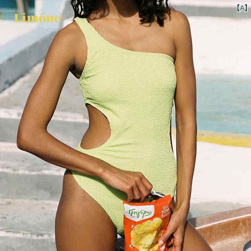レディース 水着 セクシー ビーチ 豪華感 グリーン ワンピース シングルショルダー 体型カバー