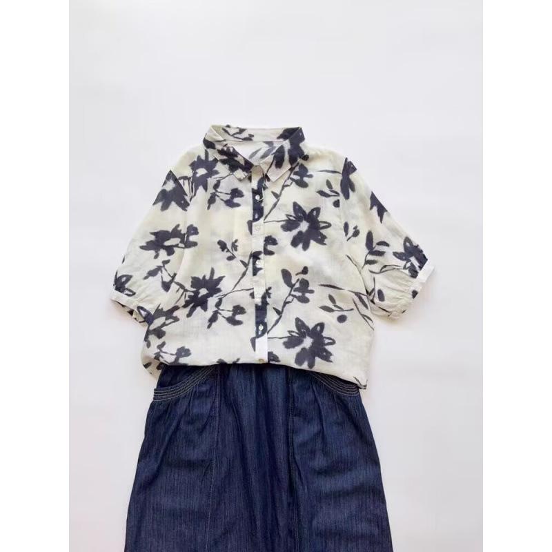 シャツ レディース 水墨画風 プリント 半袖 ポロ襟 レトロデザイン ゆったり 薄手 綿麻素材 前開き 通勤 オフィス カジュアル デイリーユース 快適 春夏 トップス