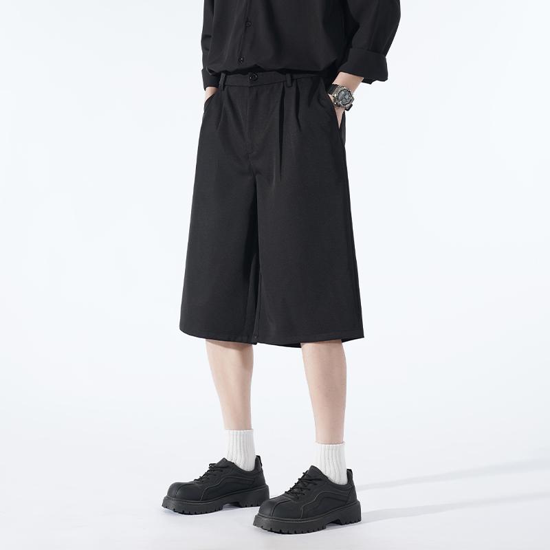 ハーフパンツ メンズ 黒 夏 カジュアル 短パン ハイウエスト 薄手 涼しい ひんやり 快適 膝丈 ゆったり ワイドレッグ 7分丈 8分丈 スラックス