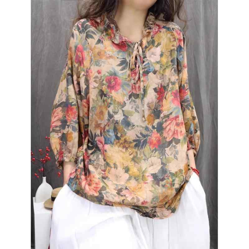 シャツ レディース 春夏 小花柄 プリント フリル襟 七分袖 薄手 ゆったり 体型カバー 着痩せ プルオーバー 綿麻 リネン混 カジュアル 通勤 上品 トップスのサムネイル