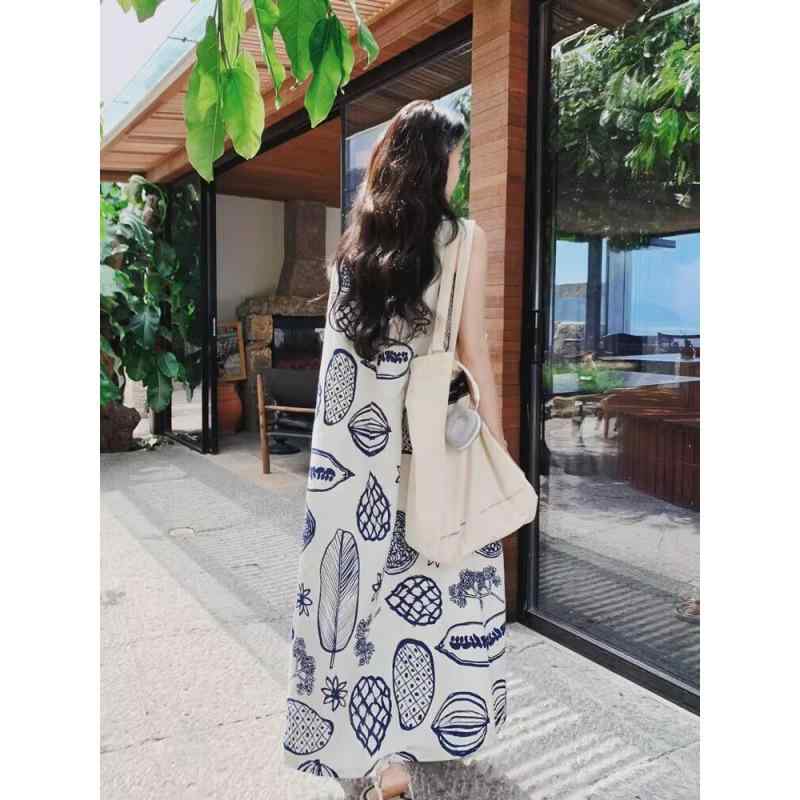 ワンピース レディース ノースリーブ Aライン ゆったり プリント クルーネック ミディ丈 綿麻素材 韓国ファッション 春夏 レトロ デザイン(4)